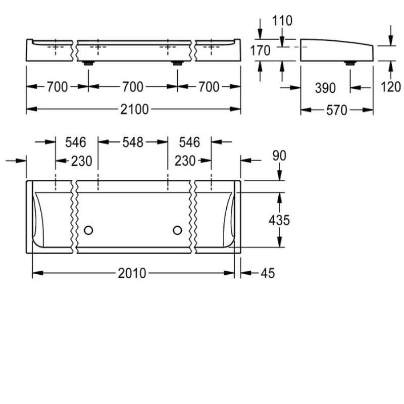 KWC DVS 2100mm Futura Exklusiv Washtrough Drawing
