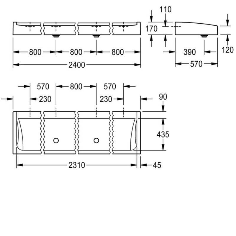 KWC DVS 2400mm Futura Exklusiv Washtrough Drawing