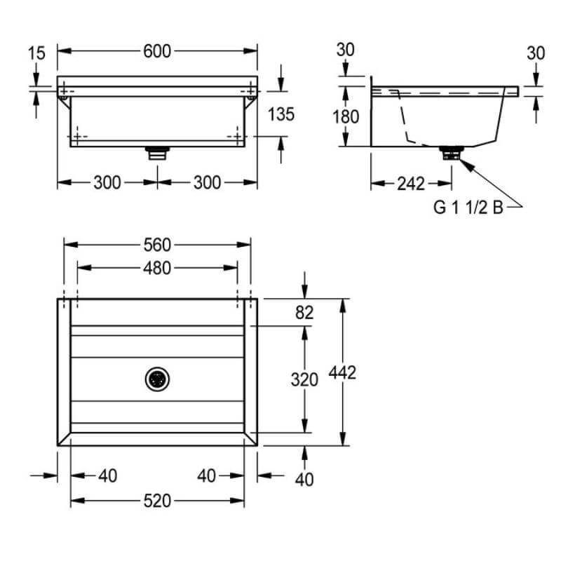 KWC DVS 600mm No Tap Deck & Hole Planox Washtroughs Drawing
