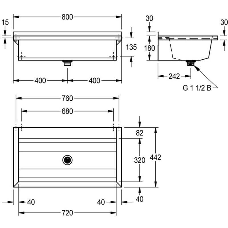 KWC DVS 800mm No Tap Deck & Hole Planox Washtroughs Drawing
