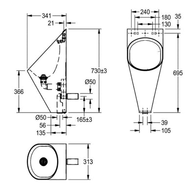 KWC DVS Campus Urinal for Wall Mounted Flush Valves CMPX538E Drawing