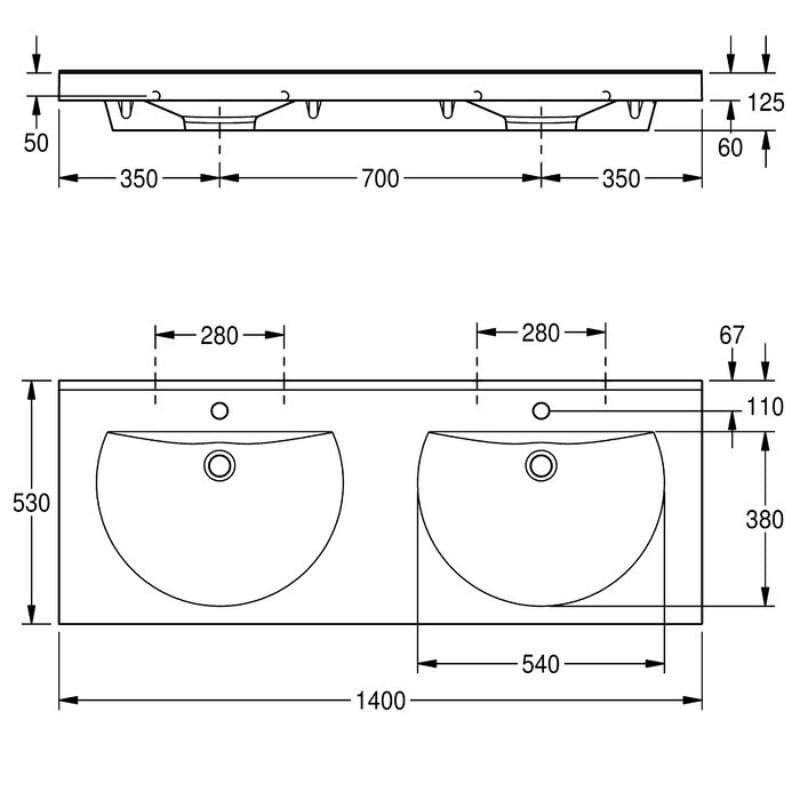 KWC DVS Ronda Washbasin Double With Tap Hole Drawing