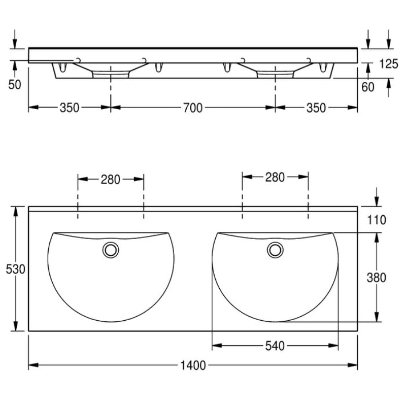 KWC DVS Ronda Washbasin Double Without Tap Hole Drawing