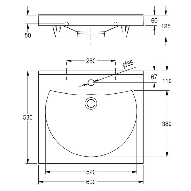 KWC DVS Ronda Washbasin Single With Tap Hole Drawing