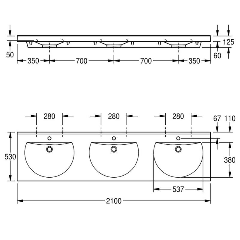 KWC DVS Ronda Washbasin Triple With Tap Hole Drawing