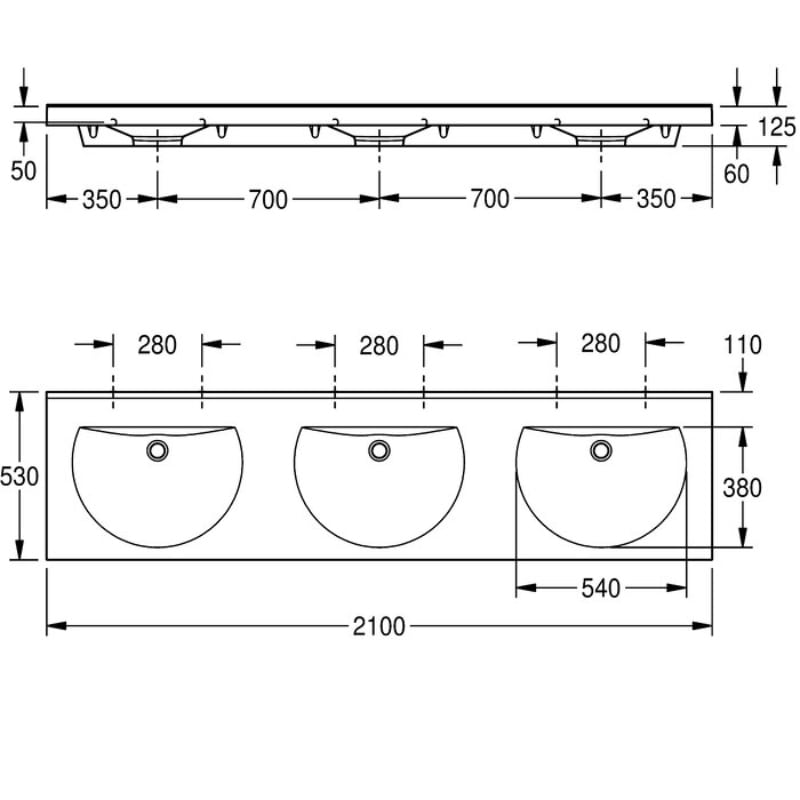 KWC DVS Ronda Washbasin Triple Without Tap Hole Drawing