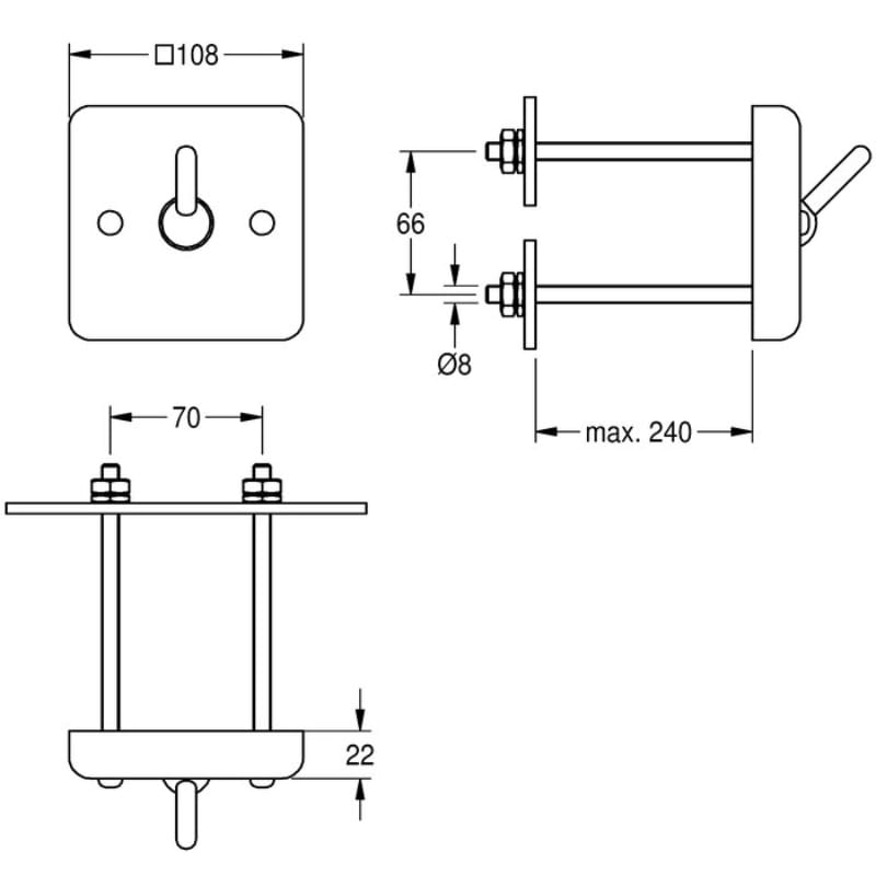 KWC DVS Wall Mounted From Behind Heavy Duty Coat Hook Drawing HDTX693