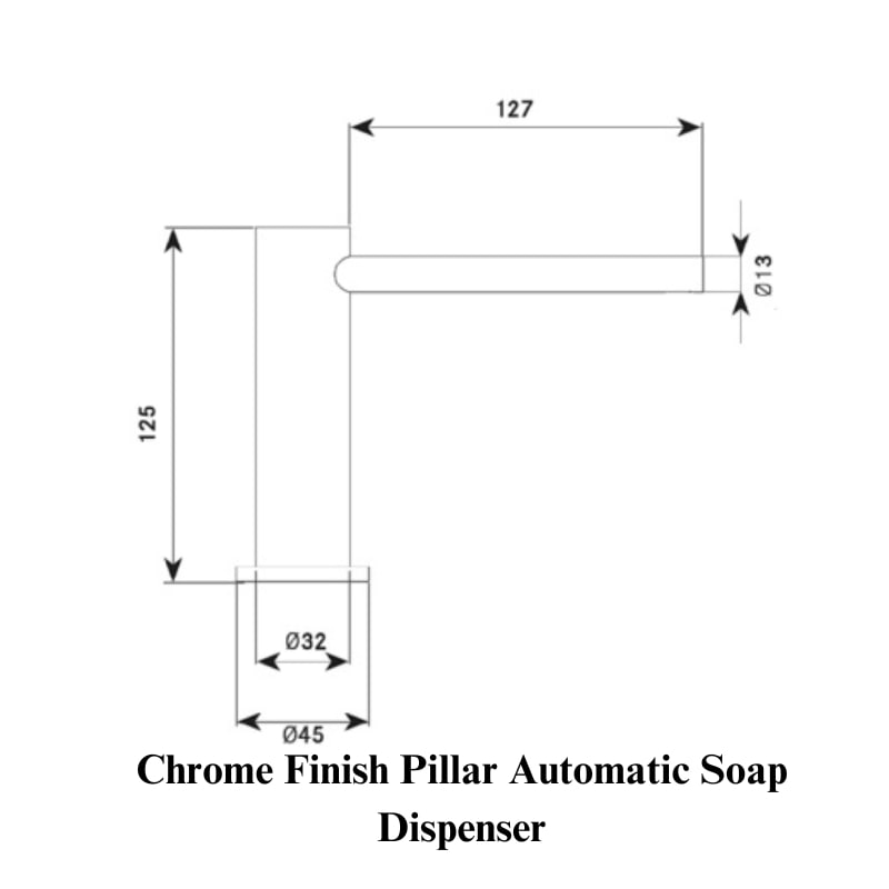 Drawing of the KWC DVS Pillar Automatic Soap Dispenser with a Chrome finish, showcasing its design and features.