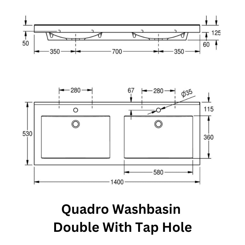 Technical drawing of the KWC DVS Quadro Double Washbasin with tap holes, showing dimensions, mounting details, and basin layout.