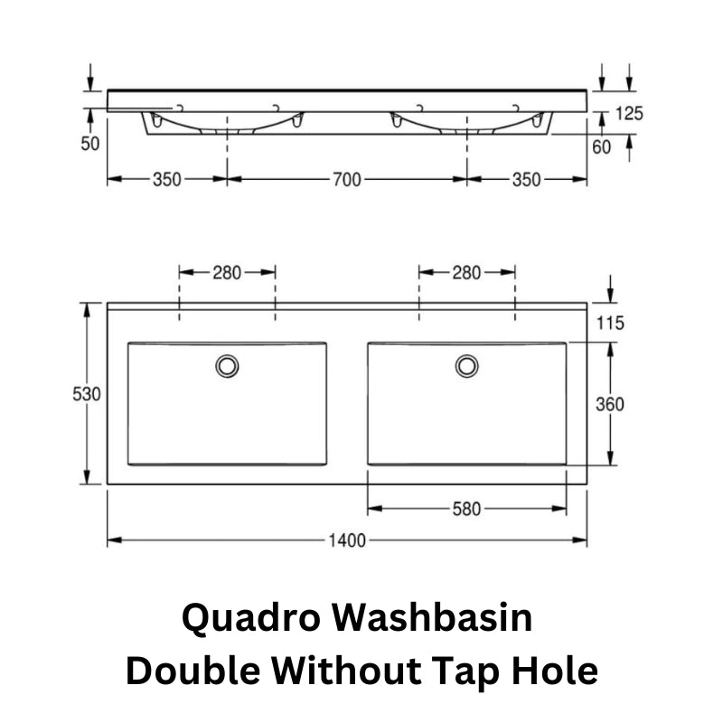 Technical drawing of the KWC DVS Quadro Double Washbasin without tap holes, showing dimensions, mounting details, and structural design in a schematic format.