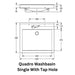Technical drawing of the KWC DVS Quadro Washbasin (Single) with Tap Hole. The diagram displays the washbasin’s dimensions, shape, and mounting details, including the position of the tap hole and waste outlet.