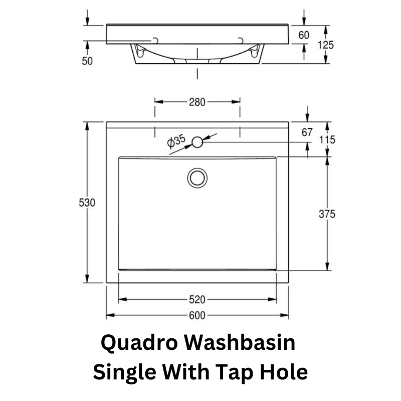 Technical drawing of the KWC DVS Quadro Washbasin (Single) with Tap Hole. The diagram displays the washbasin’s dimensions, shape, and mounting details, including the position of the tap hole and waste outlet.