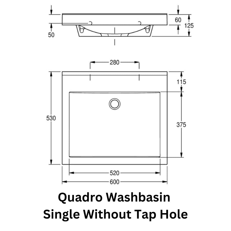 Technical drawing of the KWC DVS Quadro single washbasin without a tap hole, showing dimensions, side and top views, and installation details. 