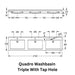 Technical drawing of the KWC DVS Quadro Triple Washbasin with tap holes. The diagram includes precise measurements, showing the width, depth, and height of the triple basin unit. It features three evenly spaced tap holes and a rectangular basin design, intended for commercial or public restroom installations. The drawing provides detailed dimensions and placement guides for accurate installation.