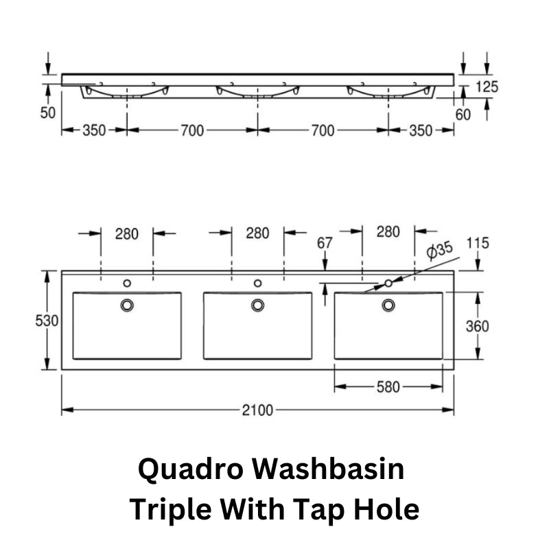 Technical drawing of the KWC DVS Quadro Triple Washbasin with tap holes. The diagram includes precise measurements, showing the width, depth, and height of the triple basin unit. It features three evenly spaced tap holes and a rectangular basin design, intended for commercial or public restroom installations. The drawing provides detailed dimensions and placement guides for accurate installation.