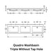 Technical drawing of the KWC DVS Quadro Triple Washbasin without tap holes. The diagram displays the washbasin's dimensions, including width, depth, and height, along with mounting specifications. The design features three basin sections within a single unit, intended for commercial or public restroom installations.