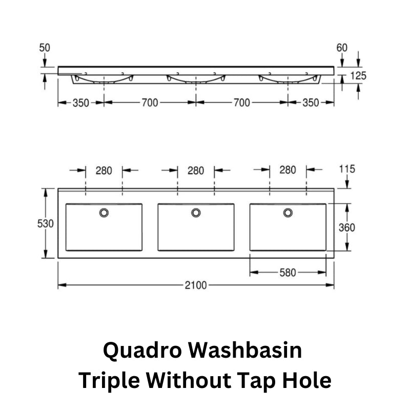 Technical drawing of the KWC DVS Quadro Triple Washbasin without tap holes. The diagram displays the washbasin's dimensions, including width, depth, and height, along with mounting specifications. The design features three basin sections within a single unit, intended for commercial or public restroom installations.