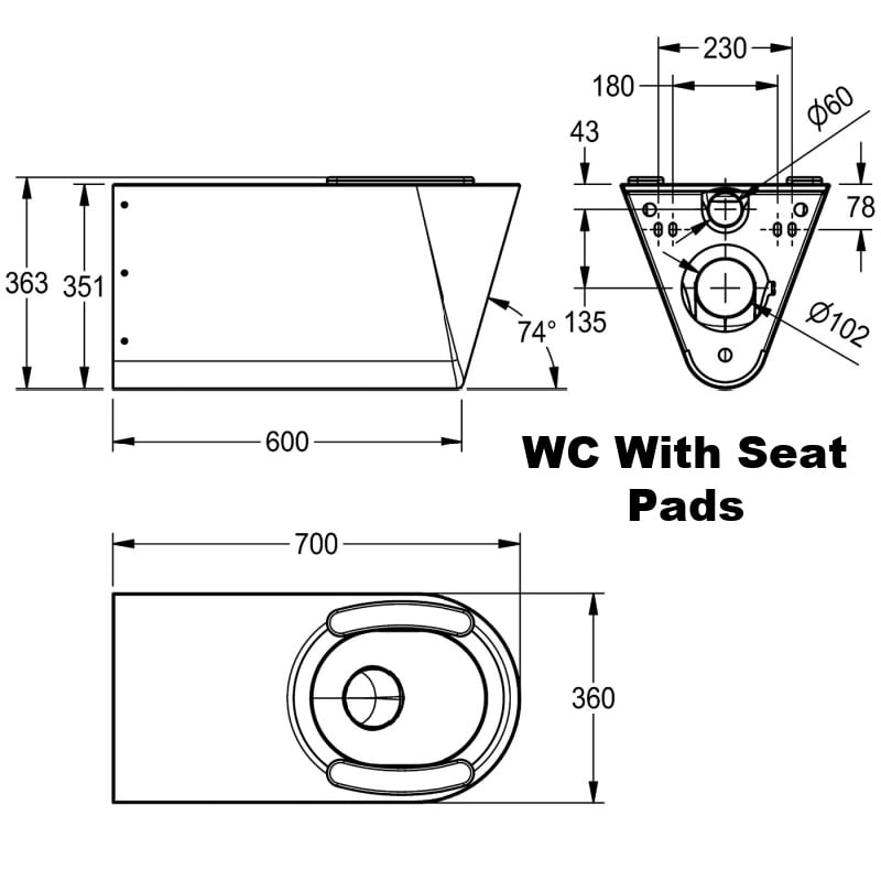 Stainless Steel Disabled Toilet By KWC DVS With Seat Pads Drawing