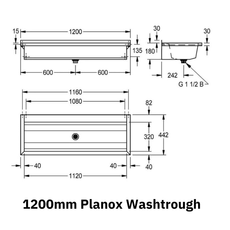 Technical Drawing of the 1200mm Franke Planox Wash Trough