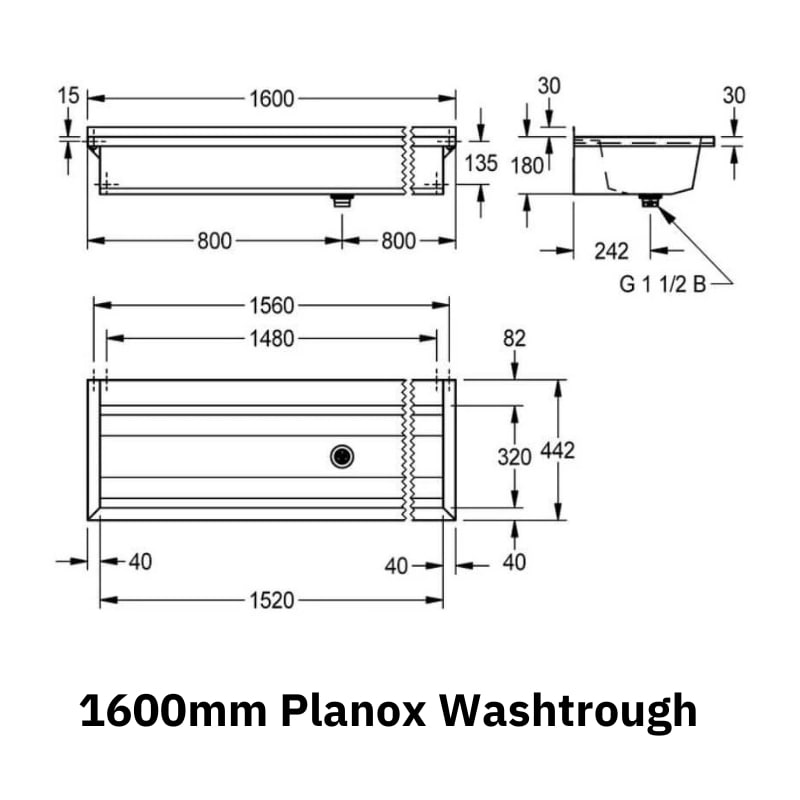 Technical Drawing of the 1600mm Franke Planox Wash Trough