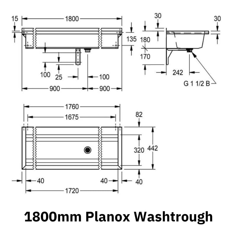 Technical Drawing of the 1800mm Franke Planox Wash Trough