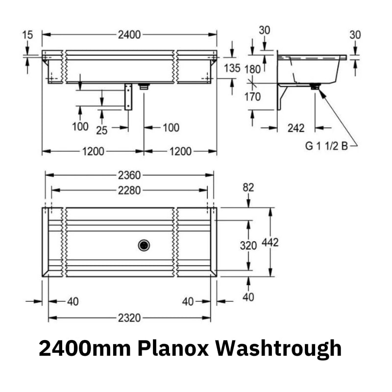 Technical Drawing of the 2400mm Franke Planox Wash Trough