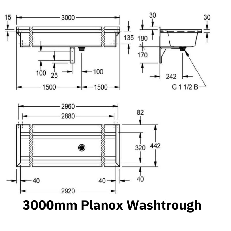 Technical Drawing of the 3000mm Franke Planox Wash Trough
