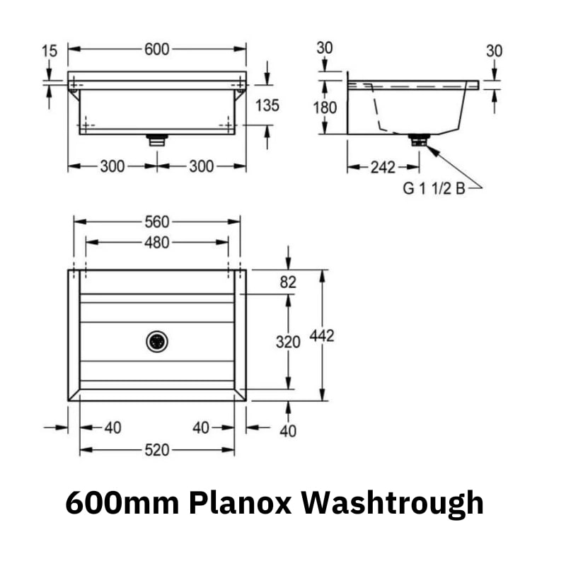Technical Drawing of the 600mm Franke Planox Wash Trough