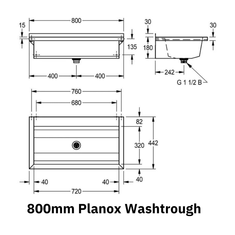 Technical Drawing of the 800mm Franke Planox Wash Trough