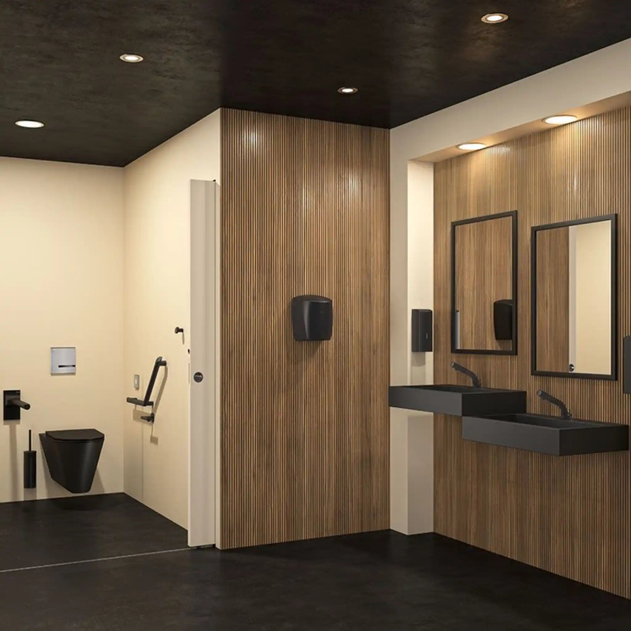 Delabie Wall Hung 700 S Accessible WC Matte Black in Public Washroom