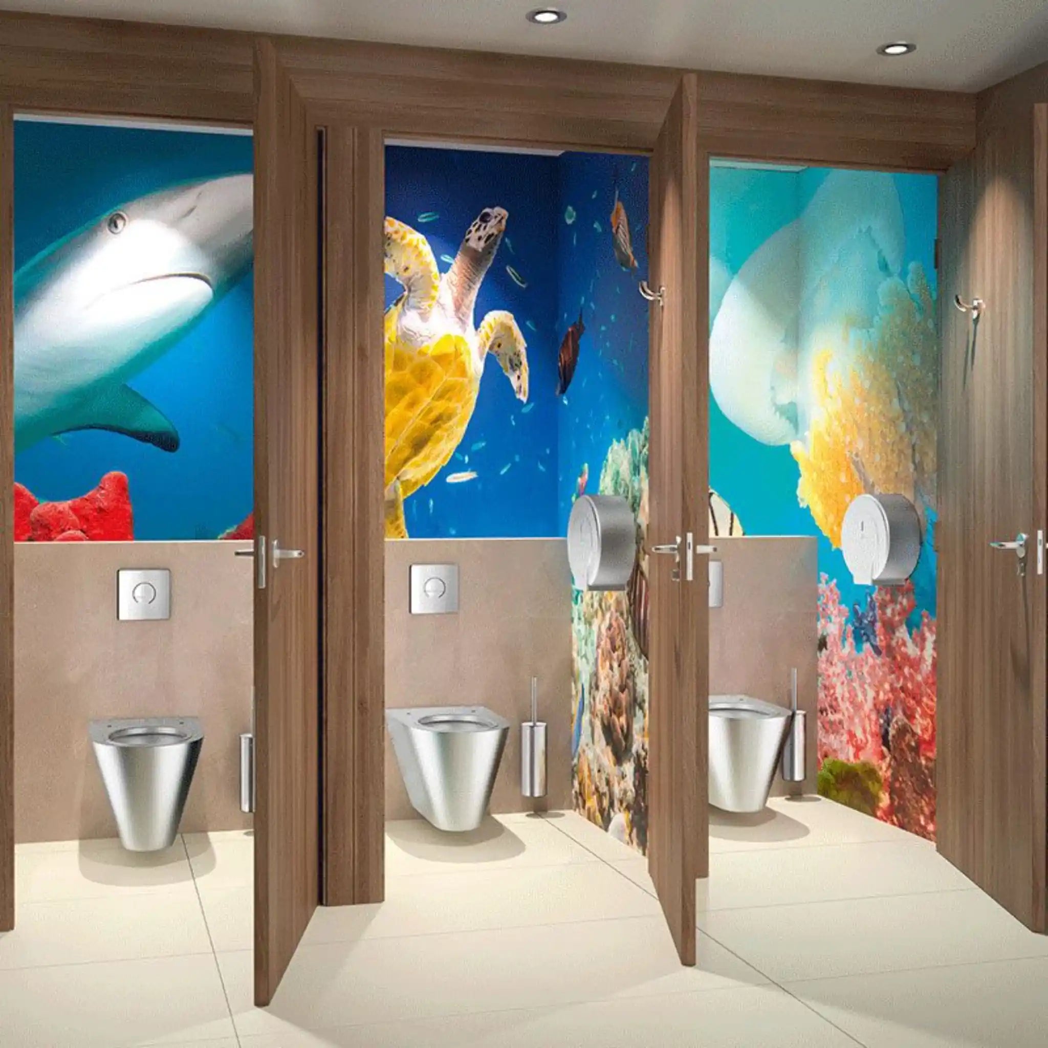 Wall Hung S21 S WC Pan Polished Satin Finish in Public Washroom