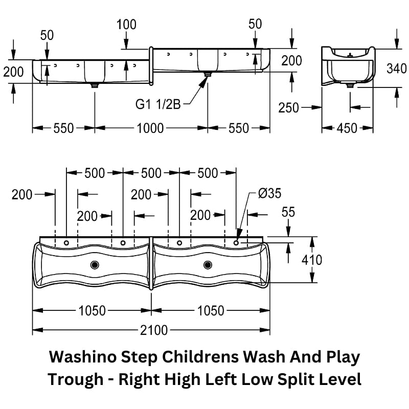 Technical drawing of the Washino Step Children's Wash and Play Trough with a right-high, left-low split-level design.
