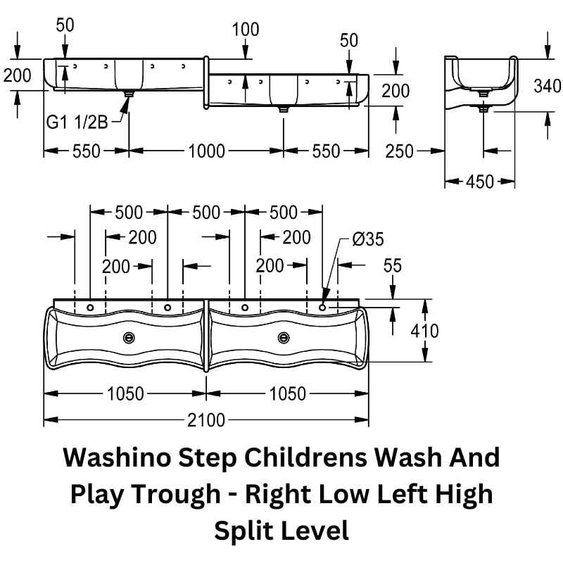 Technical drawing of the Washino Step Children's Wash and Play Trough with a right-low, left-high split-level design.