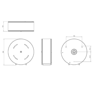 Drawing of the Dolphin Toilet Roll Dispenser, detailed dimensions and features highlighted.