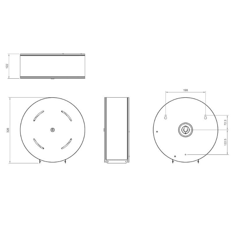 Drawing of the Dolphin Toilet Roll Dispenser, detailed dimensions and features highlighted.