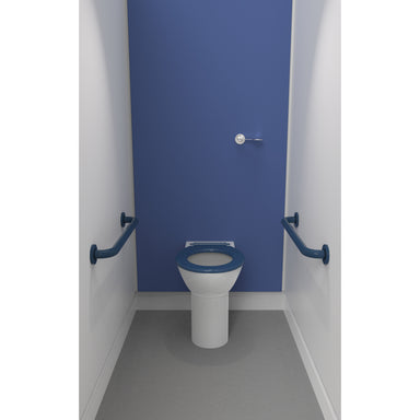 Fitzroy Of London Back To Wall Ambulant Doc M Toilet Pack, coated steel grab rails, dark blue finish, installed in a washroom