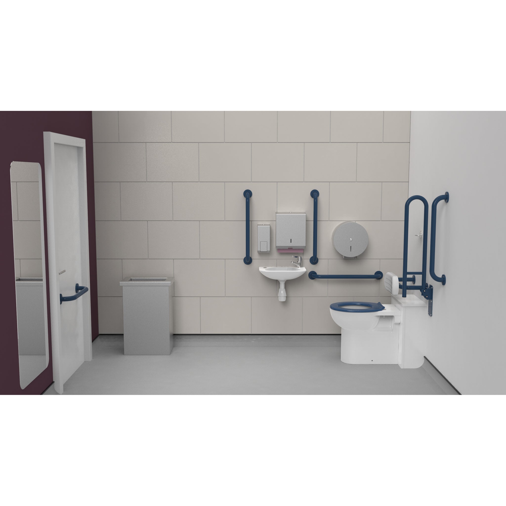 Fitzroy Of London Back To Wall Doc M Toilet Pack, concealed fixings stainless steel, dark blue finish, installed in a washroom