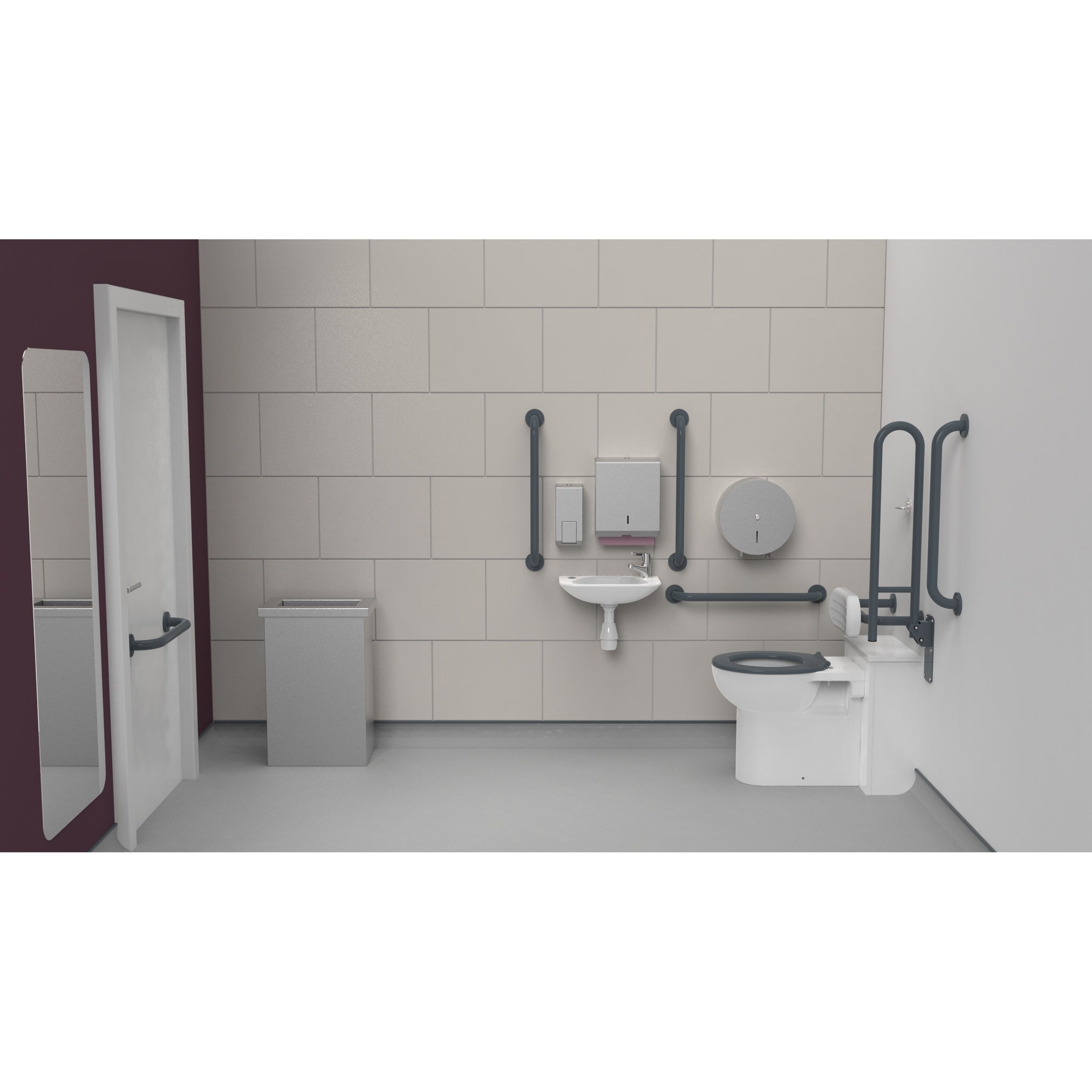 Fitzroy Of London Back To Wall Doc M Toilet Pack, concealed fixings stainless steel, dark grey finish, installed in a washroom