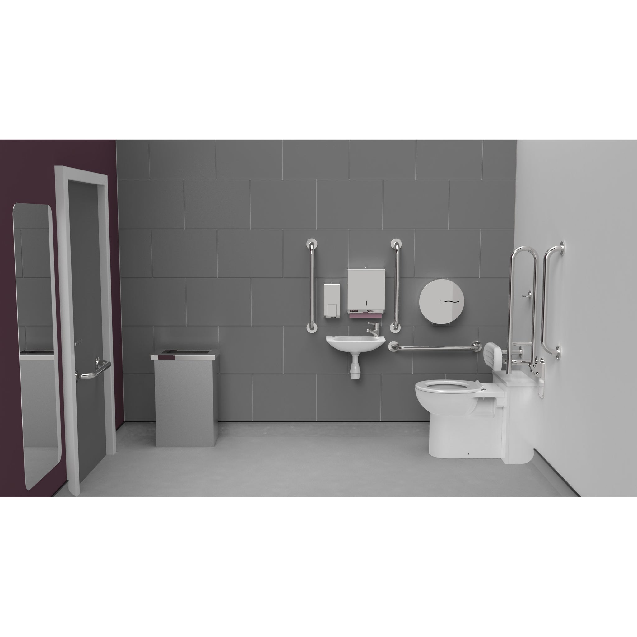 Fitzroy Of London Back To Wall Doc M Toilet Pack, concealed fixings stainless steel, polished stainless steel finish, installed in a washroom