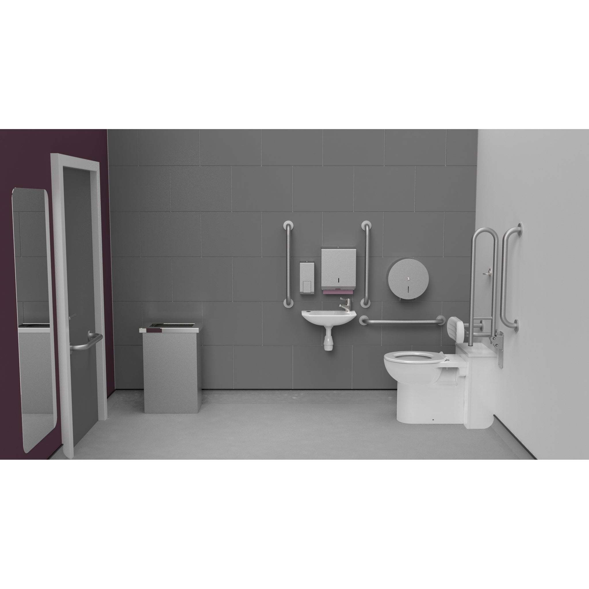 Fitzroy Of London Back To Wall Doc M Toilet Pack, concealed fixings stainless steel, satin stainless steel finish, installed in a washroom