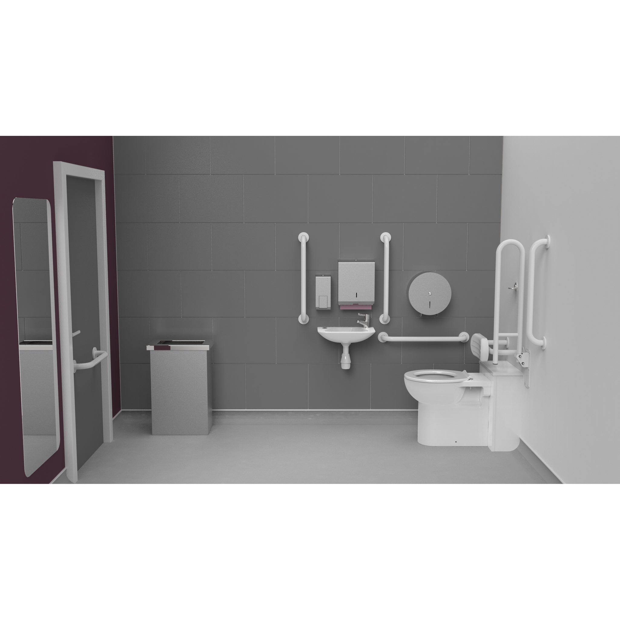 Fitzroy Of London Back To Wall Doc M Toilet Pack, concealed fixings stainless steel, white finish, installed in a washroom