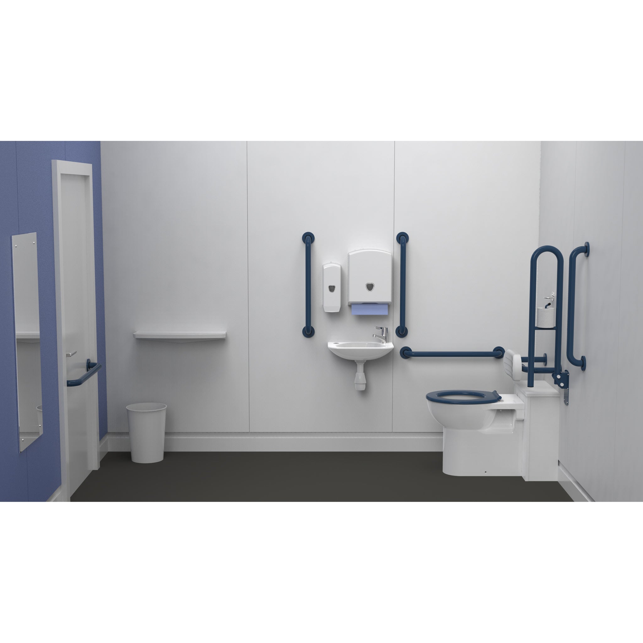 Fitzroy Of London Back To Wall Doc M Toilet Pack, concealed fixings steel, dark blue finish, installed in a washroom