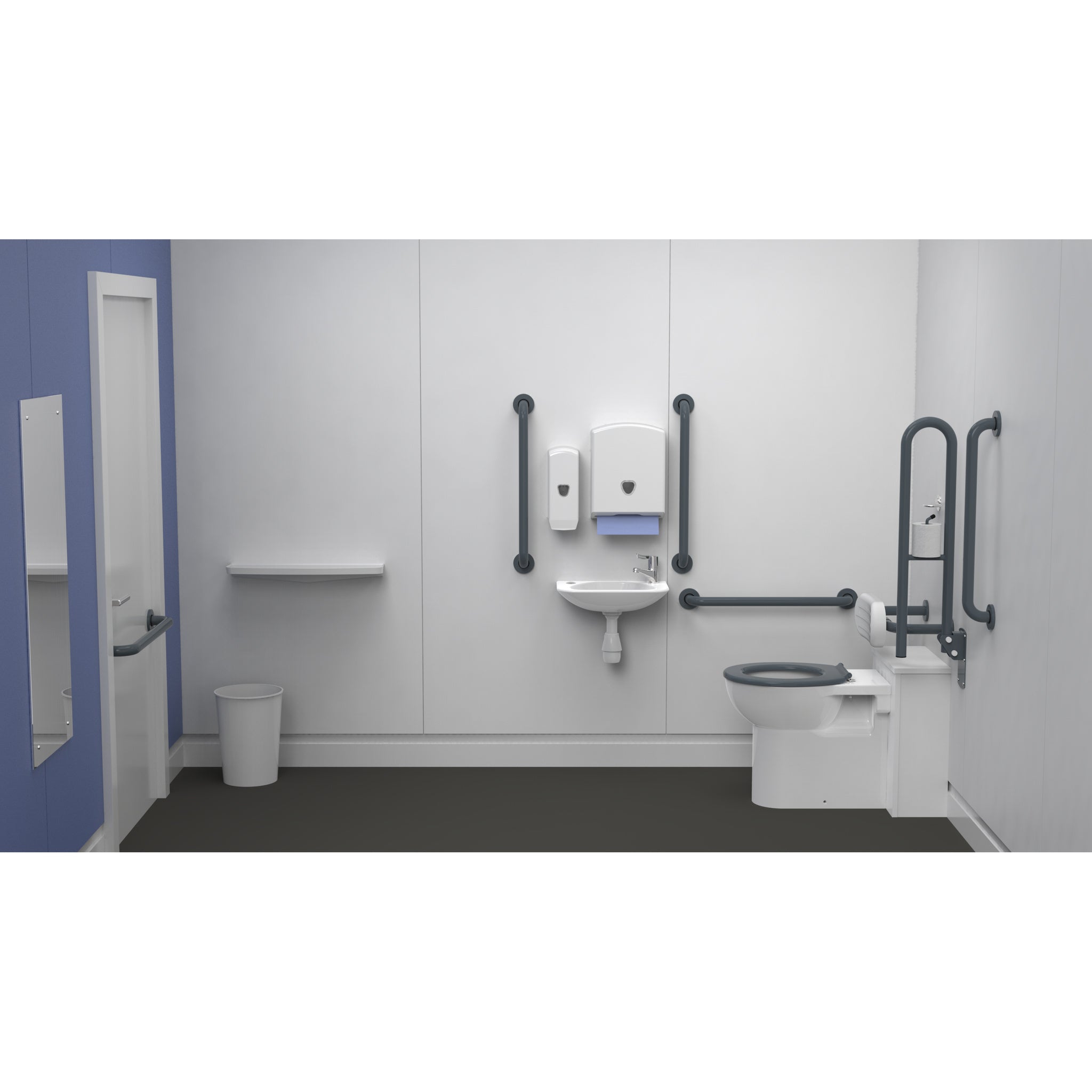 Fitzroy Of London Back To Wall Doc M Toilet Pack, concealed fixings steel, dark grey finish, installed in a washroom