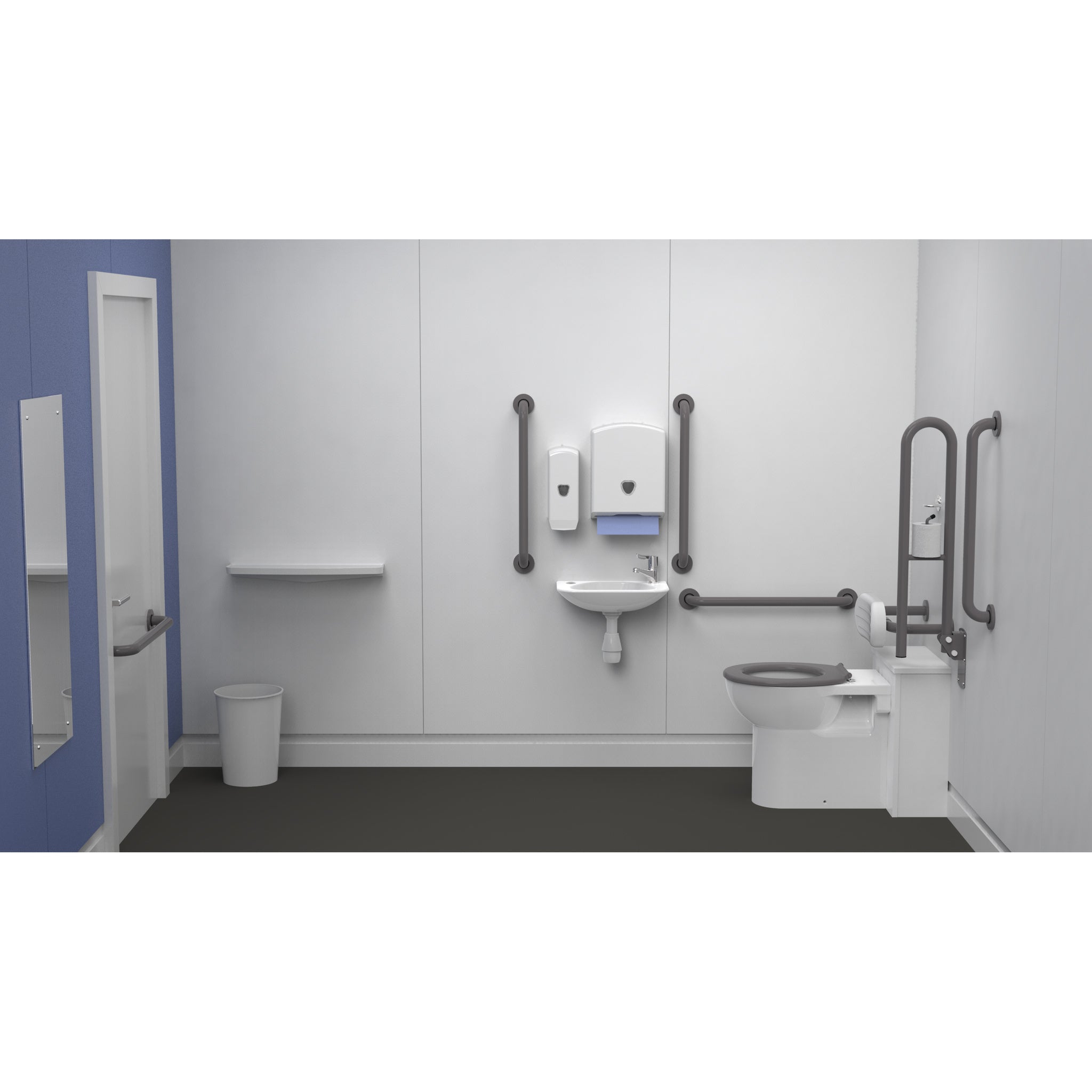 Fitzroy Of London Back To Wall Doc M Toilet Pack, concealed fixings steel, grey finish, installed in a washroom