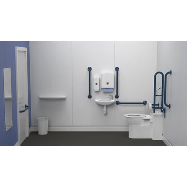 Fitzroy Of London Back To Wall Doc M Toilet Pack, exposed fixings steel, dark blue finish, installed in a washroom