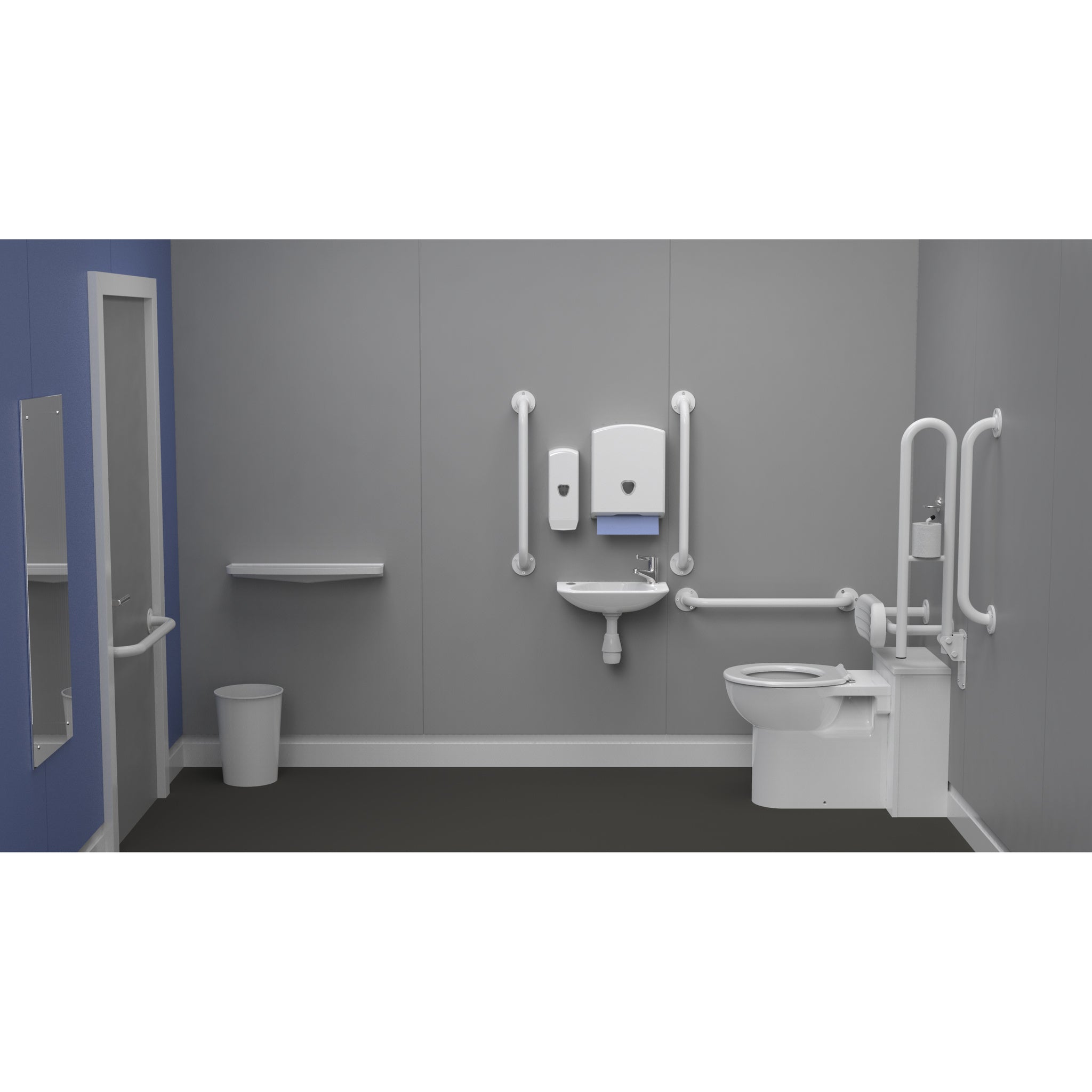 Fitzroy Of London Back To Wall Doc M Toilet Pack, exposed fixings steel, white finish, installed in a washroom
