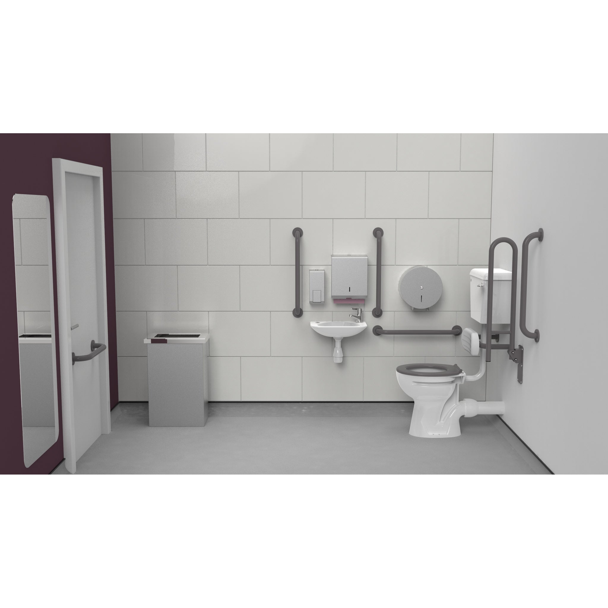 Fitzroy Of London Low Level Doc M Toilet Pack, concealed fixings stainless steel, grey finish, installed in a washroom