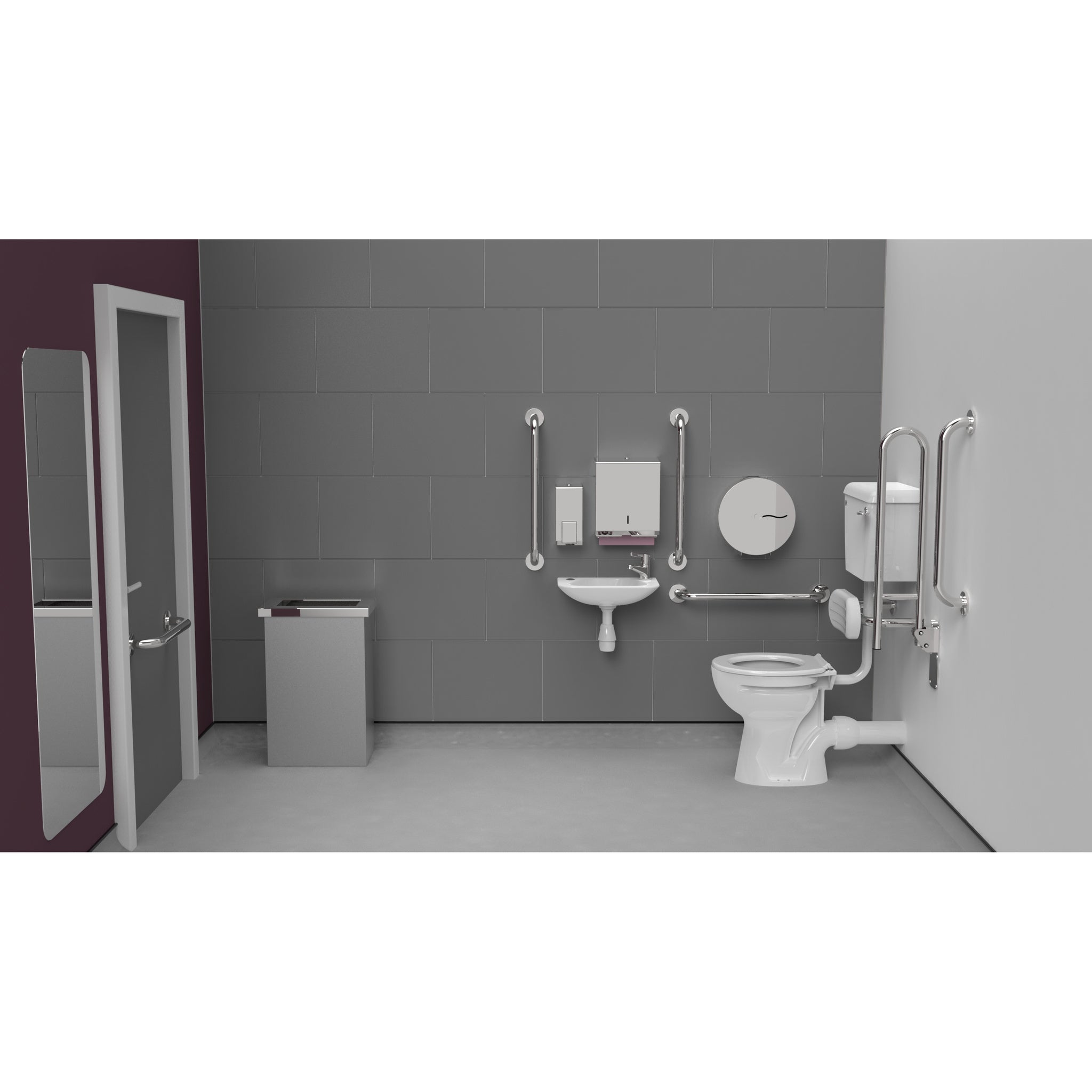 Fitzroy Of London Low Level Doc M Toilet Pack, concealed fixings stainless steel, polished stainless steel finish, standard lid, installed in a washroom