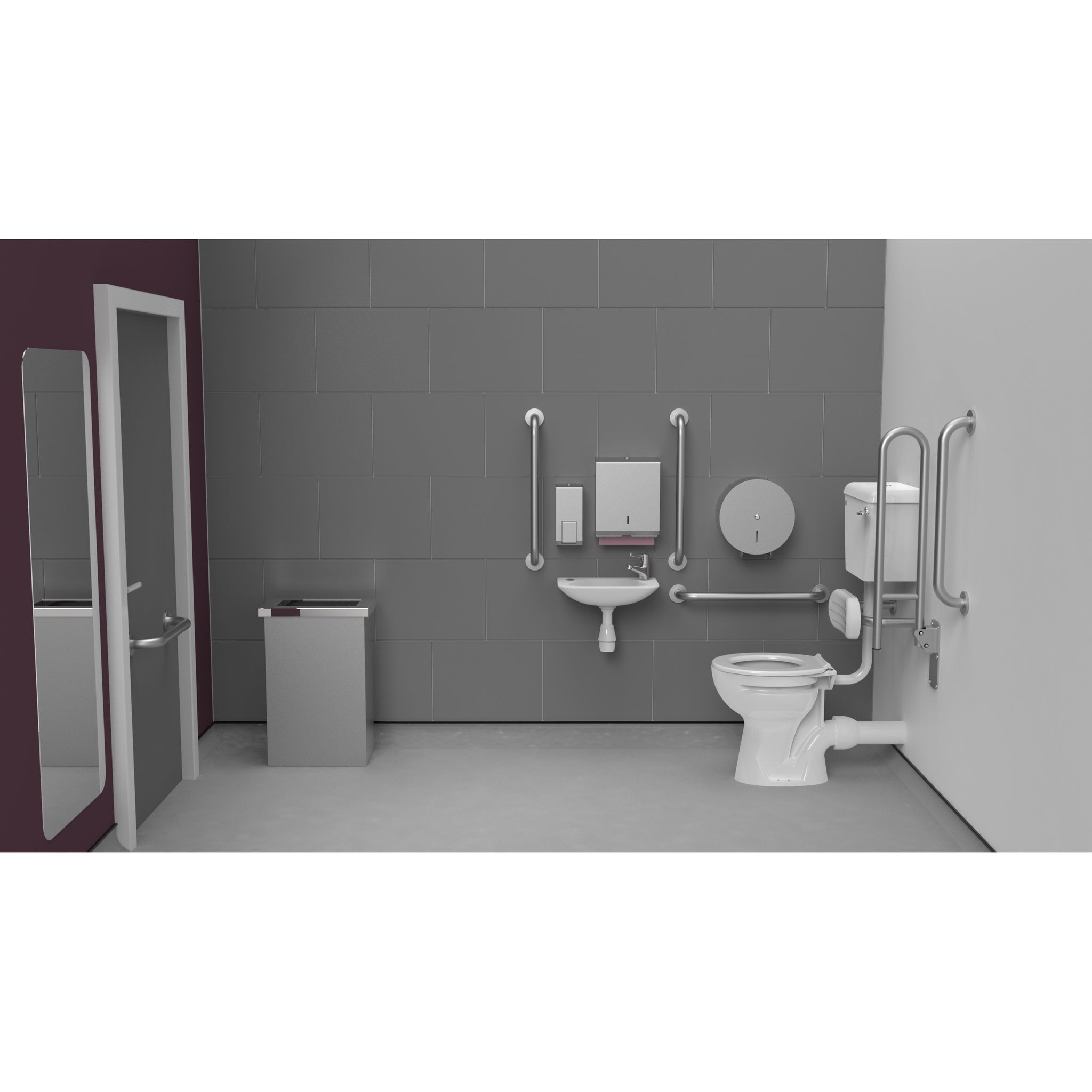 Fitzroy Of London Low Level Doc M Toilet Pack, concealed fixings stainless steel, satin stainless steel finish, lockable lid, installed in a washroom