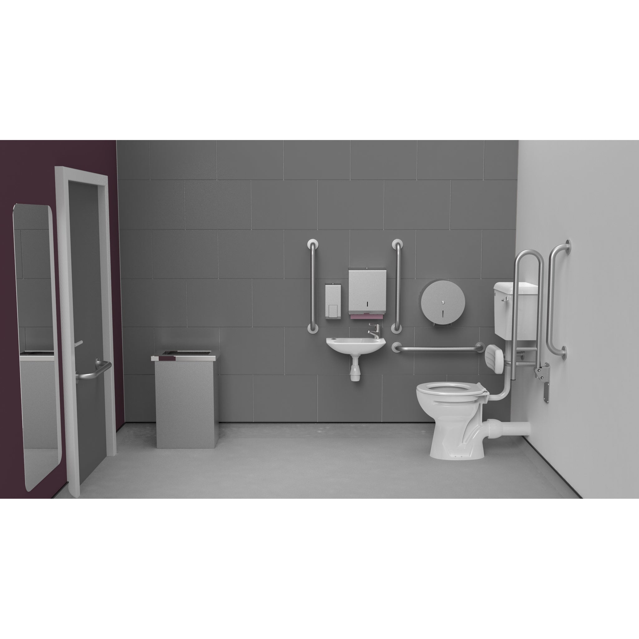 Fitzroy Of London Low Level Doc M Toilet Pack, concealed fixings stainless steel, satin stainless steel finish, standard lid, installed in a washroom
